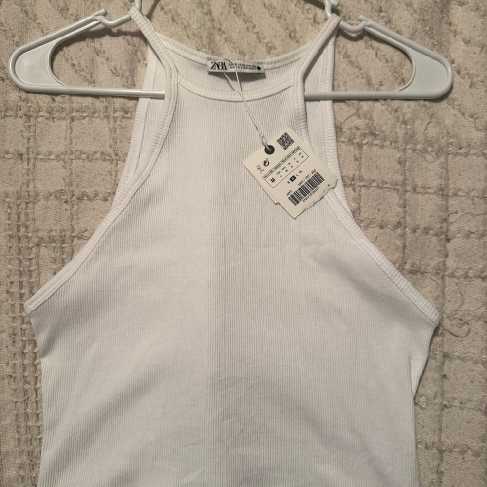 ZARA White Ribbed Tank Top - Slim Fit